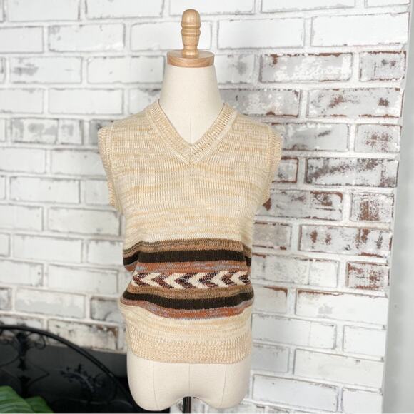 Vintage 90s Riss Earthy Brown Cream Orange V-neck Sweater Vest - Picture 1 of 6